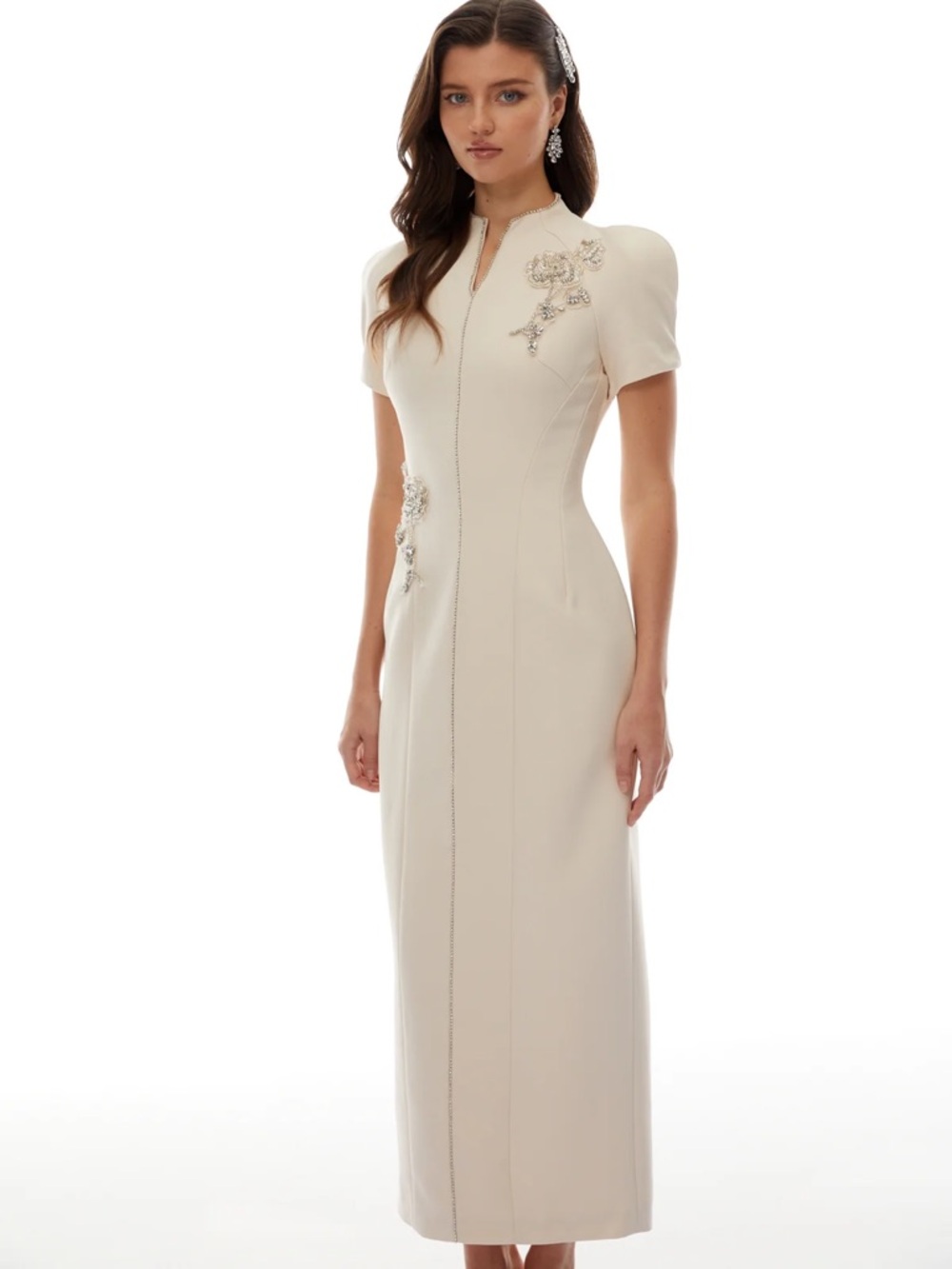 Elegant Ivory Embellished Short-Sleeve Miss Rosier Column Dress